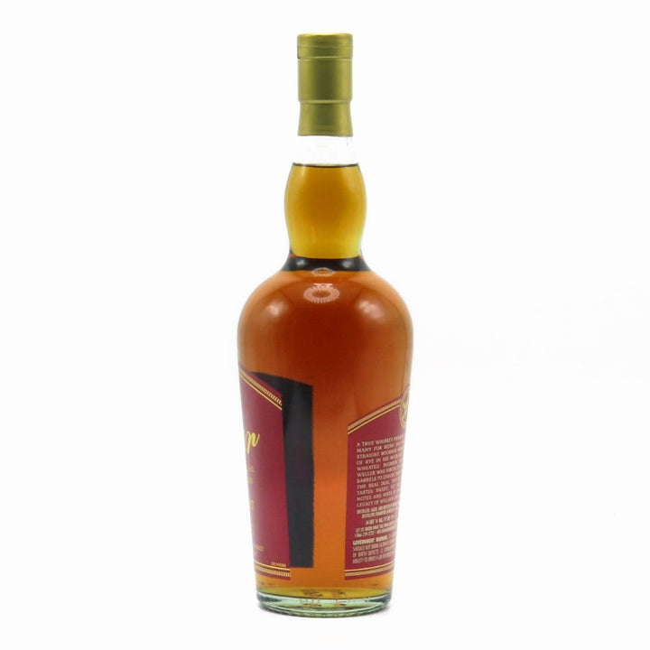 Bourbon whiskey bottle with gold cap, opposite side label panel visible