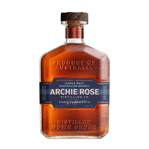 Archie Rose whiskey bottle with amber liquid, front label and metal cap.