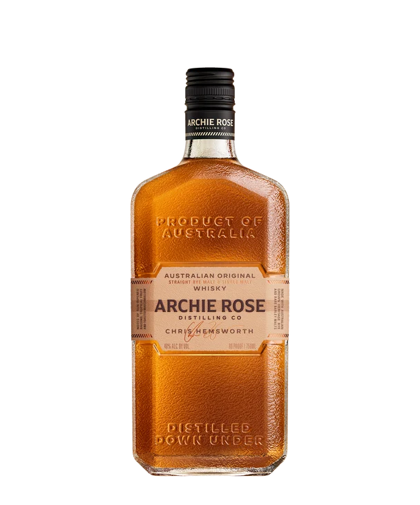 Archie Rose whisky bottle, amber liquid, embossed glass, front label